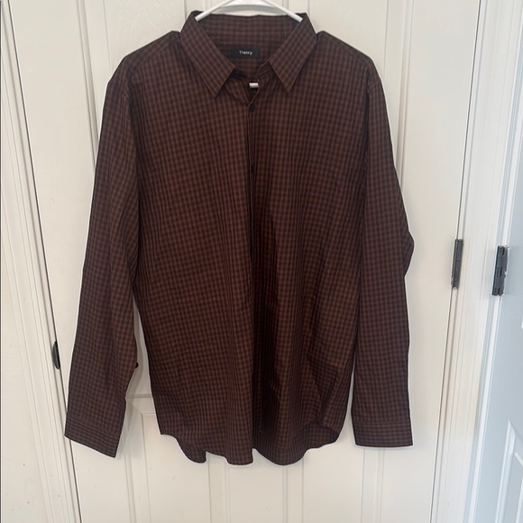 NWT Theory Irving Button Down Shirt in Dark Pimento Multi Fade Check - Picture 2 of 7